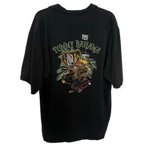 Tommy Bahama Silk Paradise Plunder Black Camp Shirt Pirate Embroidered Coastal